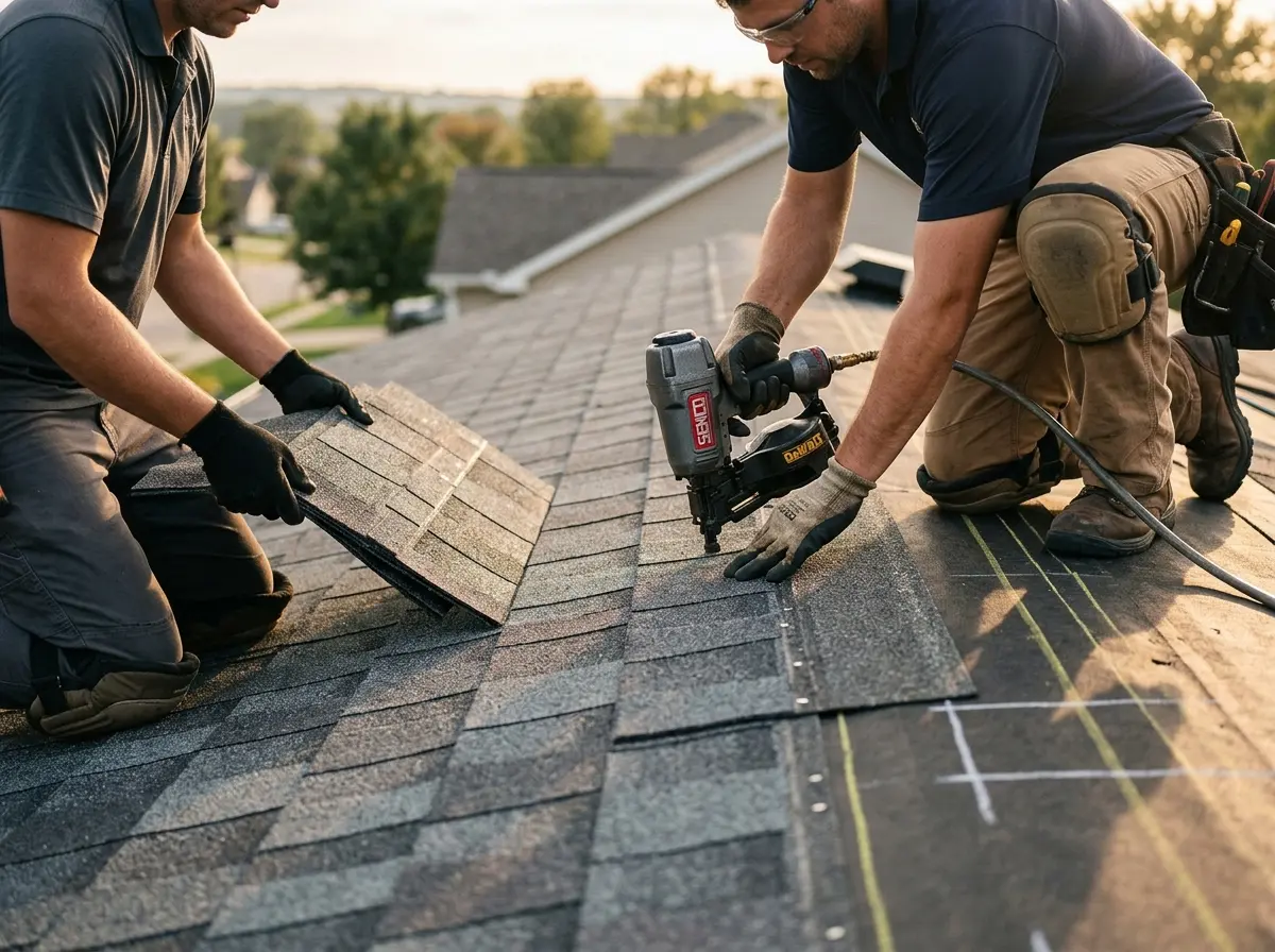 Professional roofer working on a residential roof in West Linn